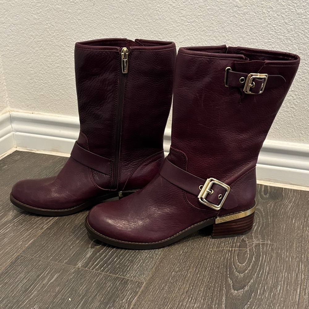Vince Camuto Deep Wine Leather Mid-Calf Buckle Boots